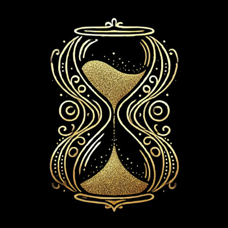 Luxury 3d golden glittery hourglass with glittering gold sand, intricate decorative swirls and patterns on a black background. Vector beautiful glowing textured hourglass illustration.のイラスト素材