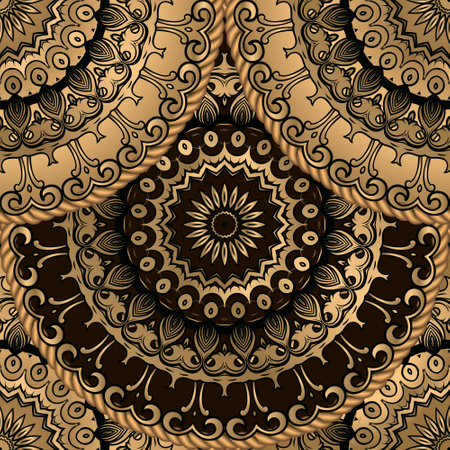 3d Gold luxury elegant ornate vintage floral Baroque style tiled mandalas seamless pattern with gold swirl lines, flowers, ropes, frames. Vector ornamental trendy textured background. Endless texture.のイラスト素材