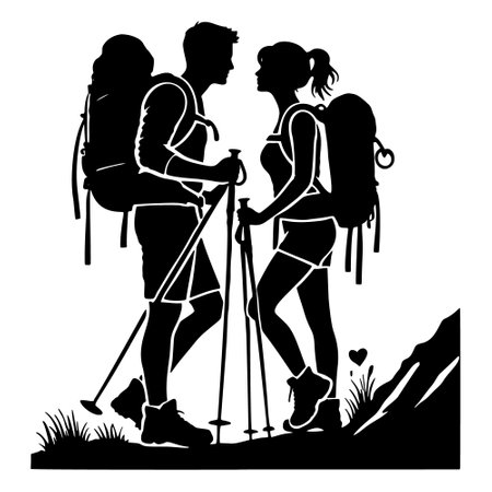 Black and white silhouette of a romantic couple hiking together. Active traveling. Sports. Adventurous and loving outdoor activity vector illustration. Active recreation. Isolated on white backgroundのイラスト素材
