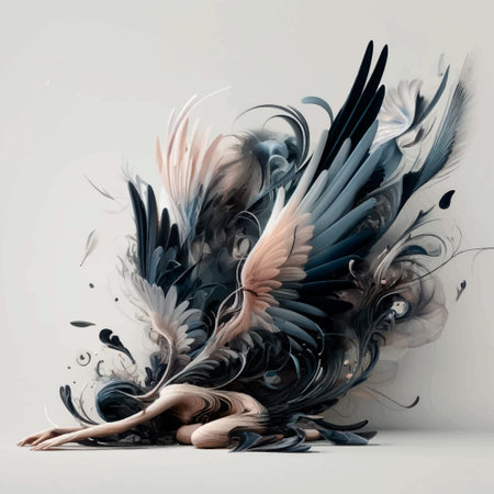 3d Kneeling figure with large dramatic broken wings. Abstract winged figure illustration. Vector artistic fantasy style design.のイラスト素材