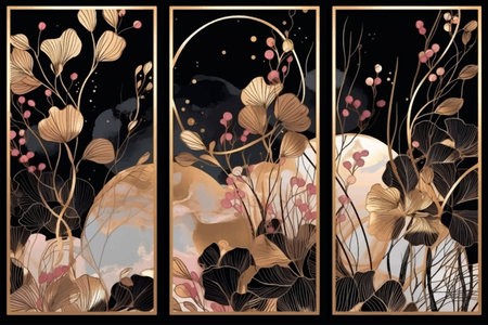 Three modern panels triptych with floral painted luxury patterns, tropical flowers, leaves, gold frames. Black dreamy background with three abstract contemporary decorations. Ornate beautiful design.のイラスト素材