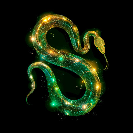 Gold green 3d glowing luxury snake with glitter and shiny textured skin. Happy Chinese new year 2025...