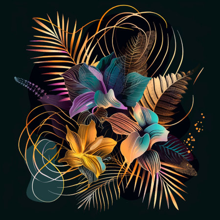 Colorful tropical 3d bouquet with blossom flowers, gold palm leaves, glitter. Textured floral arrangement pattern background illustration. Luxury decorative glowing beautiful modern 3d design.のイラスト素材