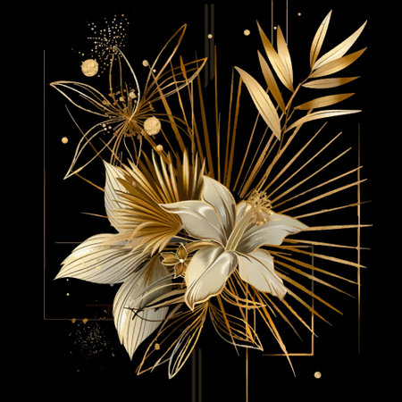 Gold glittery tropical 3d bouquet with blossom lily flowers, palm leaves, glitter. Textured white exotic lilies pattern background illustration. Luxury decorative glowing beautiful modern 3d design.のイラスト素材