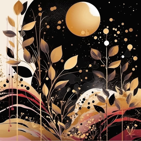 Modern luxury floral painted pattern with tropical flowers, leaves, moon. Black dreamy background with abstract contemporary decoration. Ornate beautiful hand drawn decorative vector design.のイラスト素材