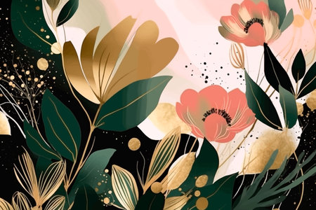 Modern luxury floral pattern with watercolor tropical flowers, leaves. Dreamy background with abstract contemporary decoration. Ornate beautiful hand drawn decorative line art vector illustration.のイラスト素材