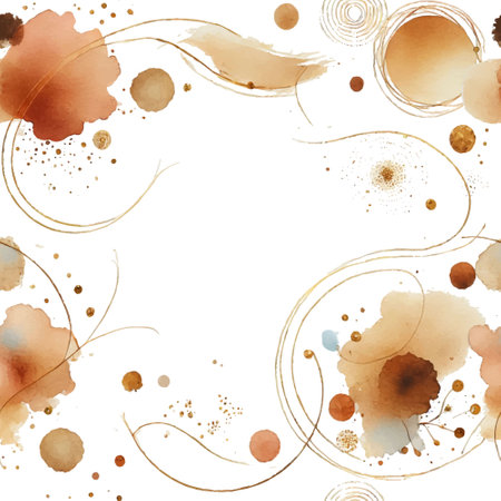 Watercolor splashes, splatters, stains, brush strokes, doodle lines seamless pattern. Modern brown color aquarelle spots. Trendy vector design on white. Element. Stylish watercolor illustration.のイラスト素材