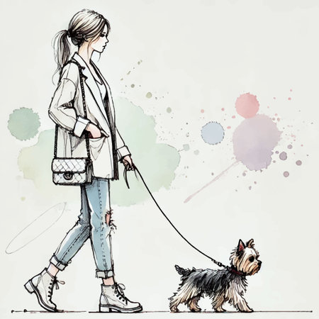Vector sketch style illustration with beautiful young woman walking a small Yorkshire Terrier on a leash. Lines hand drawn modern design. White bckground with pastel colors wtercolor splashes.のイラスト素材