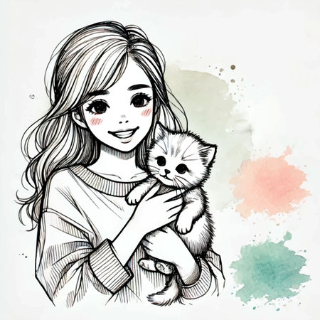Beautiful happy smiling girl with cute kitten. Vector sketch style line art hand drawn illustration. White background with watercolor splashes, splatters. Modern design.のイラスト素材