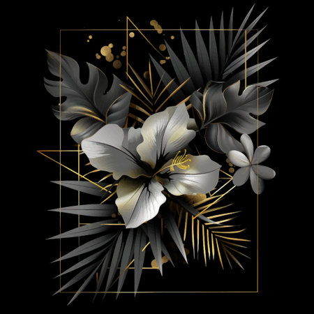 3d dark black Tropical floral modern luxury pattern with palm, monstera leaves, white lily flowers, gold frame, glitter. Vector painted background. Trendy beautiful bouquet of tropical plants.のイラスト素材