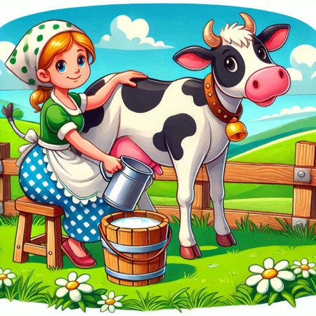 Vector cartoon bright illustration with young woman milking a cow on a farm. For childrens books, packaging, agriculture websites, prints, farm simulation games, puzzles, marketing and advertisements.のイラスト素材