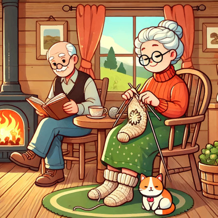Vector cartoon illustration with an elderly couple grandma and grandpa in a cozy wooden cabin. Colorful background. For childrens books, room decor, puzzles, board games, websites, apps, cards, printのイラスト素材