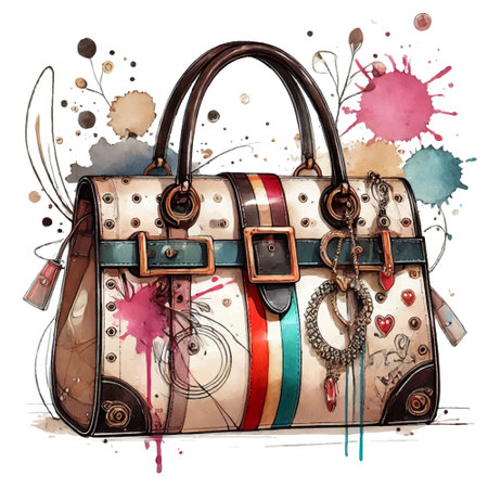 Watercolor painting of a stylish handbag with leather straps, buckles, decorative charms, artistic liquid splashes, brushstrokes, splatters, spots on white background. Modern vector illustration.のイラスト素材