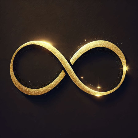 Gold glittery glowing infinity symbol. Black shiny vector background with symbol of eternity and endless possibilities, golden sparkles and glow stars. Ornate beautiful textured illustration.のイラスト素材