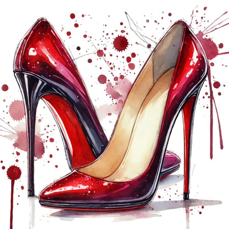 Watercolor painting of a pair of elegant red high heeled shoes with a glossy finish, artistic liquid splashes, brushstrokes, splatters on white background. Vector modern stylish fashion illustration.のイラスト素材