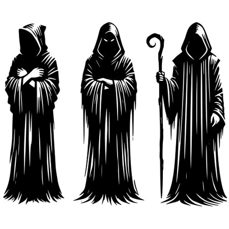 Vector black silhouettes of three dark and mysterious hooded figures in black robes with a long cloak and a staff on white background. Black and white magic silhouettes set.のイラスト素材