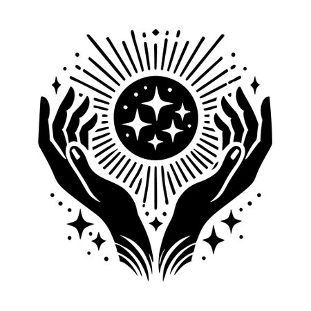 Vector black silhouette of two hands hold a glowing sun with radial rays and stars. Black and white isolated simple silhouette. illustration.のイラスト素材