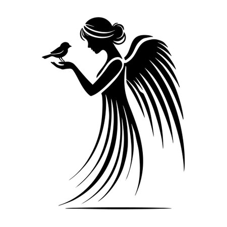 Guardian angel with large wings gently holds a small bird in her hand. Vector black and white isolated guardian angel silhouette on white background.のイラスト素材