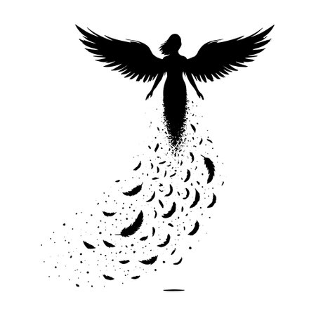 Dramatic black and white silhouette of an angel with large wings is rising into the air. Vector isolated beautiful angel design on white background.のイラスト素材