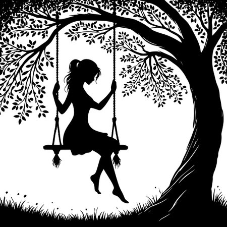 Vector black silhouette illustration of girl on swing, long hair, summer tree, leaves, grass, on white background. Black and white cute girl on swing silhouette.のイラスト素材