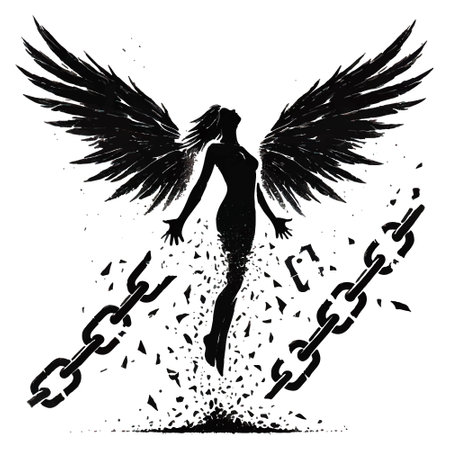 Black and white silhouette of a woman angel with large outstretched wings is breaking free from chains. Isolated dramatic emotional vector design on white background.のイラスト素材