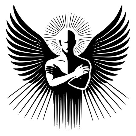 Vector black and white angelic figure silhouette with large wings and a radiant halo. The figure is split into light and dark halves. Symbol of duality, balance, transformation. Symbolic illustration.のイラスト素材