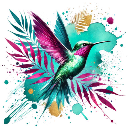 Watercolor pattern illustration with colorful hummingbird with vibrant green, pink, turquoise feathers, flying among tropical leaves. Vector beautiful background with watercolor shapes, splatters.のイラスト素材