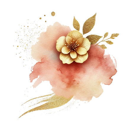 3d Gold luxury textured watercolor painting of a golden flower with golden glittery leaves on a light pink abstract splash. Elegant ornate decorative isolated vector design on white background.のイラスト素材