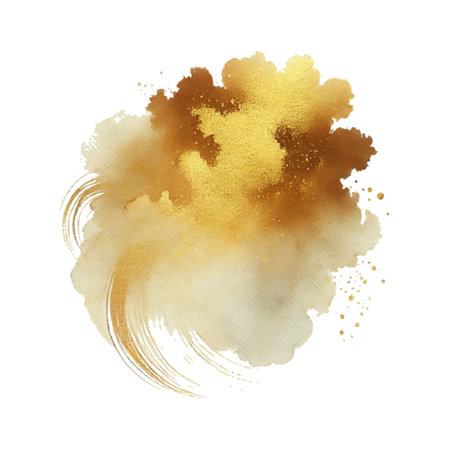 Gold luxury textured watercolor splash blot splatter stain brush strokes and glitter on white background. Modern golden aquarelle spot. Vector trendy isolated glittery grunge design on white. Element.のイラスト素材