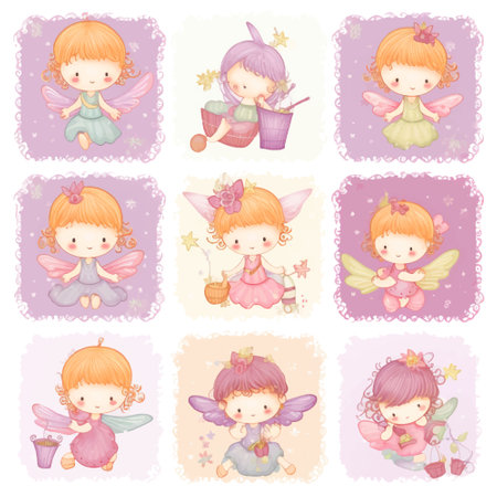 Vector collection of cute, light pink pastel colored fairy patterns illustrations with delicate wings, soft curls and magical elements. Beautiful sweet and whimsical set. Design for baby girls, printsのイラスト素材