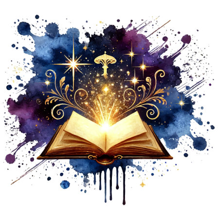 Magical open book glowing with golden light, surrounded by sparkles, swirling patterns and a cosmic watercolor background. Vector fantasy illustration with watercolor liquid splashes, spots, blots.のイラスト素材