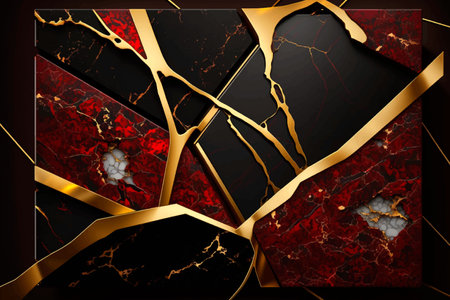 3D luxury abstract Japanese style black and red marble textured vector pattern background with golden cracks, inlay and metallic lines in a geometric layout. Beautiful stone textured modern 3d design.のイラスト素材