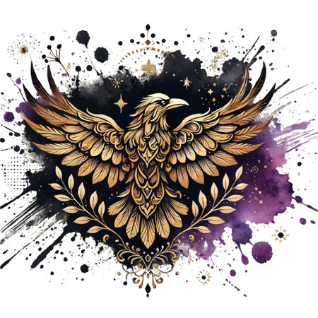 3d majestic golden phoenix eagle with ornamental beautiful feathers, spreading wings over an abstract watercolor splash background with ink stains, stars, floral motifs. Modern vector illustration.のイラスト素材