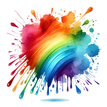Watercolor rainbow splash spot blot stain with paint drips and splatters. Artistic abstract vector composition with colorful dynamic brushstrokes. Perfect for creative design, celebration themes.のイラスト素材