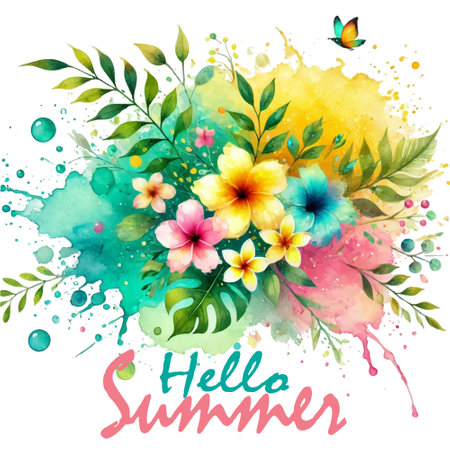 Bright watercolor tropical floral pattern composition with colorful splashes and "Hello Summer" lettering. Exotic flowers, leaves, butterfly. Perfect for summer cards, posters, t-shirt prints, bannersのイラスト素材