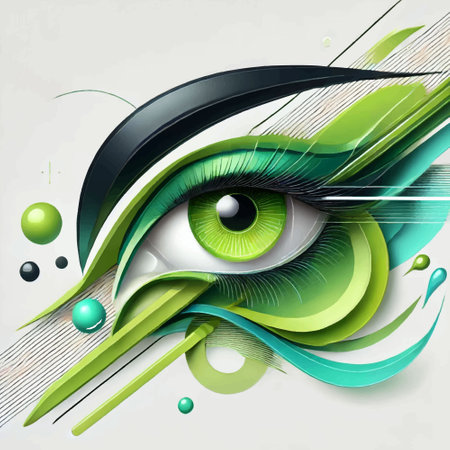 3d Futuristic abstract illustration of a green eye with graphic elements and dynamic shapes. Modern surreal vector 3d eye design. Perfect for themes of vision, technology, innovation, cyber aestheticsのイラスト素材