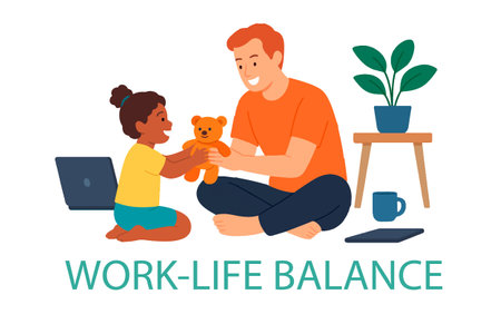 A joyful vector illustration of a relaxed father playing with his toddler daughter, who holds a teddy bear. WORK-LIFE BALANCE. The end of the workday. Isolated design on white background.のイラスト素材