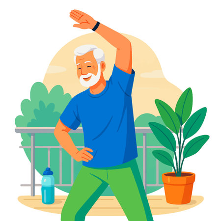 A vibrant colorful vector illustration of an elderly man stretching on his balcony during sunrise. Isolated design on white background.のイラスト素材