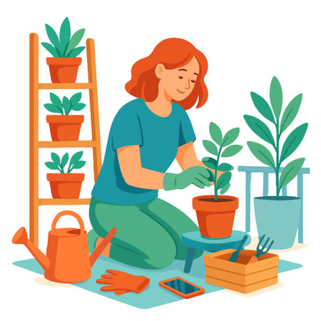 A vibrant vector illustration of a red-haired woman peacefully tending to her balcony garden. Isolated colorful design on white background.のイラスト素材