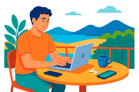 A colorful vector illustration of a young man working on his laptop at a terrace overlooking distant mountains and water. Isolated design on white background.のイラスト素材