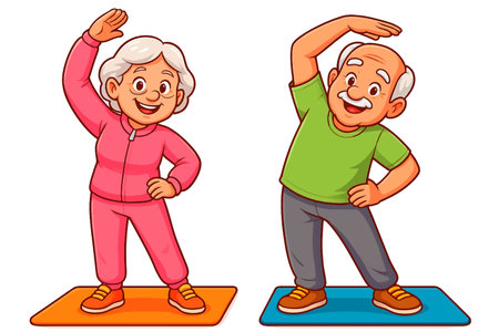Cartoon-style vector illustration of a smiling elderly couple doing stretching exercises on yoga mats, dressed in bright athletic clothing, set against a clean white positive background.のイラスト素材