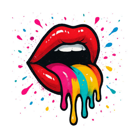 Graffiti-style red lips with rainbow paint dripping from the tongue. Surrounded by colorful splashes. Isolated vector modern design on white background. Bold and expressive streetwear element.のイラスト素材