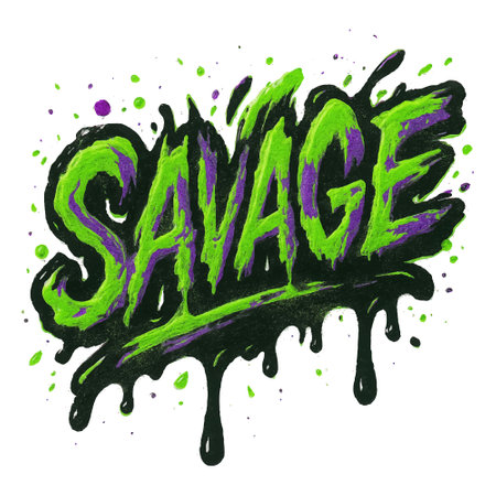 Graffiti-style âSAVAGEâ in dripping, smeared brush lettering with neon green and purple tones. Bold, wild strokes with black accents. Isolated textured trendy vector design on white background.のイラスト素材