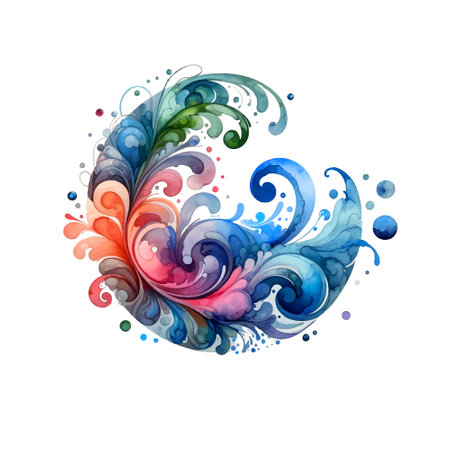 Colorful dynamic watercolor swirl with floral and wave-like elements, flowers, leaves, splashes, spots, drips, drops, blots. Aquarelle beautiful vector pattern. Ideal for design, nature themes, decor.のイラスト素材