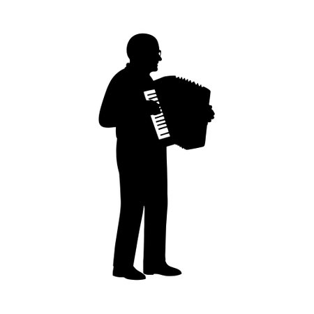 Black vector silhouette of an elderly man playing the accordion. Simple minimalistic style isolated silhouette on white background.のイラスト素材