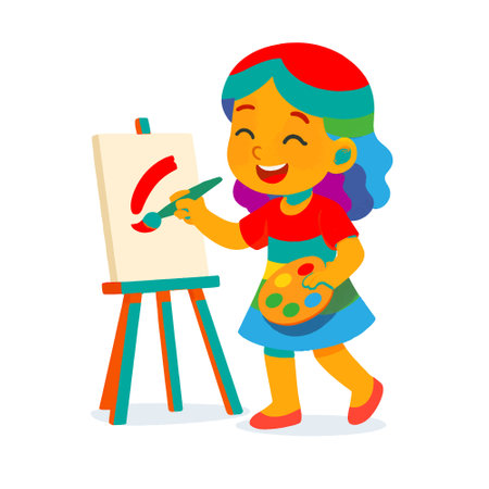 A joyful girl with rainbow hair paints confidently on a blank canvas, holding a colorful palette and brush. Vector isolated bright fun illustration on white background.のイラスト素材