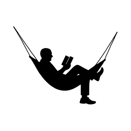 Black vector silhouette of an elderly person reading a book in a hammock. Simple minimalistic style isolated silhouette on white background.のイラスト素材