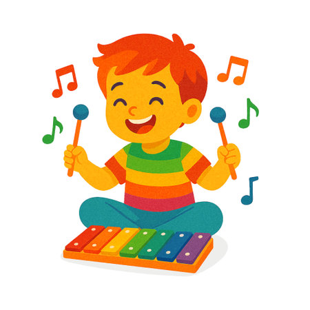 A cheerful boy plays a rainbow-colored xylophone with joy and energy, surrounded by flying music notes. Vector isolated bright fun illustration on white background.のイラスト素材