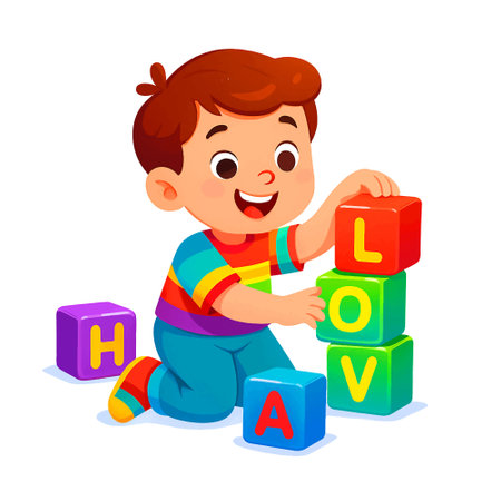 A cheerful young boy plays with colorful alphabet blocks. Vector isolated rainbow colors bright playful illustration on white background.のイラスト素材