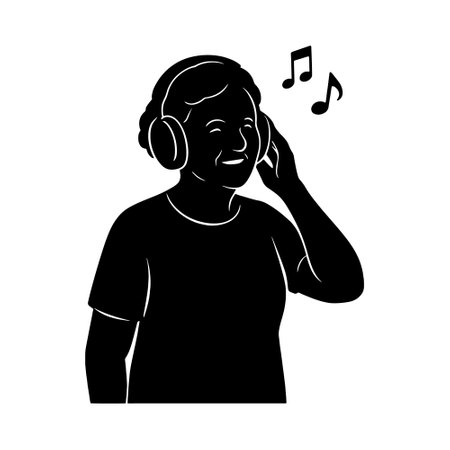 Black vector silhouette of an elderly woman smiling while listening to music with headphones. Simple minimalistic style isolated silhouette on white background.のイラスト素材
